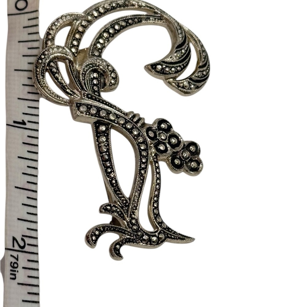 Silver Marcasite Ribbon Open Plume Brooch Pin west Germany